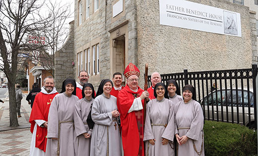 Outside the newly-dedicated Father Benedict House with Bishop Dennis Sullivan last Friday are Father Juniper Adams, a Franciscan Friar of the Renewal; Sister Ann Kateri; Father John Paul Ouelette, Community Servant of the Franciscan Friars of the Renewal; Sister Joseph; Mother Clare Matthiass, Community Servant of the Franciscan Sister of the Renewal; Father Jon Thomas, pastor of the Parish of Saint Monica; Father Robert Hughes, Vicar General; Sister Chiara; Sister Agnes, local Community Servant in Atlantic City; and Mother Lucille Cutrone, former Community Servant of the Franciscan Sisters of the Renewal.

Photos by Mike Walsh