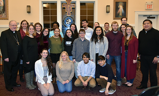Last Sunday evening, Bishop Sullivan visited Stockton University’s Catholic Campus Ministry in Galloway Twp. With him and the students are Father Raymond Vijandre, AM, chaplain; and Alison Filion, director.

Photo by Peter G. Sánchez