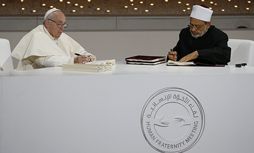 Pope Francis and Sheikh Ahmad el-Tayeb, grand imam of Egypt’s al-Azhar mosque and university, sign documents during an interreligious meeting at the Founder’s Memorial in Abu Dhabi, United Arab Emirates, Feb. 4, 2019. The document was on “human fraternity” and improving Christian-Muslim relations.

CNS photo/Paul Haring