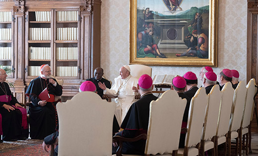 Pope Francis meets with U.S. bishops from the New England States at the Vatican Nov. 7, 2019. The bishops were making their "ad limina" visits to the Vatican to report on the status of their dioceses to the pope and Vatican officials. (CNS photo/Vatican Media)