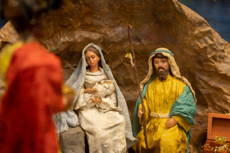 An Italian Nativity scene displayed at the University of Dayton in Ohio Dec. 2, 2019, shows St. Joseph observing the arrival of the Magi. The university selects about 100 Nativity sets from its collection of around 3,600 to display each Christmas season. (CNS photo/Katie Rutter) See NATIVITY-DAYTON-ENCULTURATION Dec. 16, 2019.