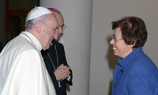 Pope Francis named Francesca Di Giovanni, a longtime Vatican official, as an undersecretary in the Vatican's foreign ministry office, making her the first woman to hold a managerial position at the Vatican Secretariat of State. She is pictured in an undated photo with Pope Francis. (CNS photo/Vatican Media) See POPE-STATE-DIGIOVANNI Jan. 15, 2020.
