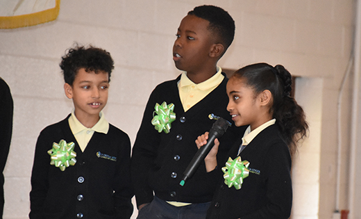 Third graders Jericho Centeno, Taire Hayes and Genesis Maldonado participate in the Knowledge Bowl at Saint Cecilia School in Pennsauken on Jan. 29, when Bishop Dennis Sullivan visited the school.


Photo by Peter G. Sánchez