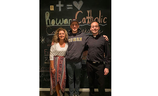 Edward Nowak, a junior at Rowan University in Glassboro, is pictured with Rebekah Hardy, campus minister, and Father John Rossi, pastor of Saint Bridget University Parish.