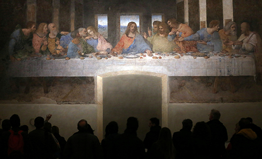 Visitors look at Leonardo da Vinci's "The Last Supper" on a refectory wall at Santa Maria delle Grazie Church in Milan, Italy, Nov. 16, 2016. (CNS photo/Stefano Rellandini, Reuters) See EUCHARIST-CRISIS-HOLY-THURSDAY April 8, 2020.