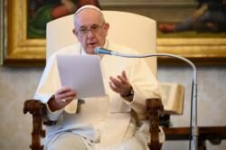 Pope Francis speaks during his weekly general audience in the library of the Apostolic Palace at the Vatican June 24, 2020. During the audience, the pope said people can put themselves back in God's hands through prayer. (CNS photo/Vatican Media) See POPE-AUDIENCE-DAVID June 24, 2020.