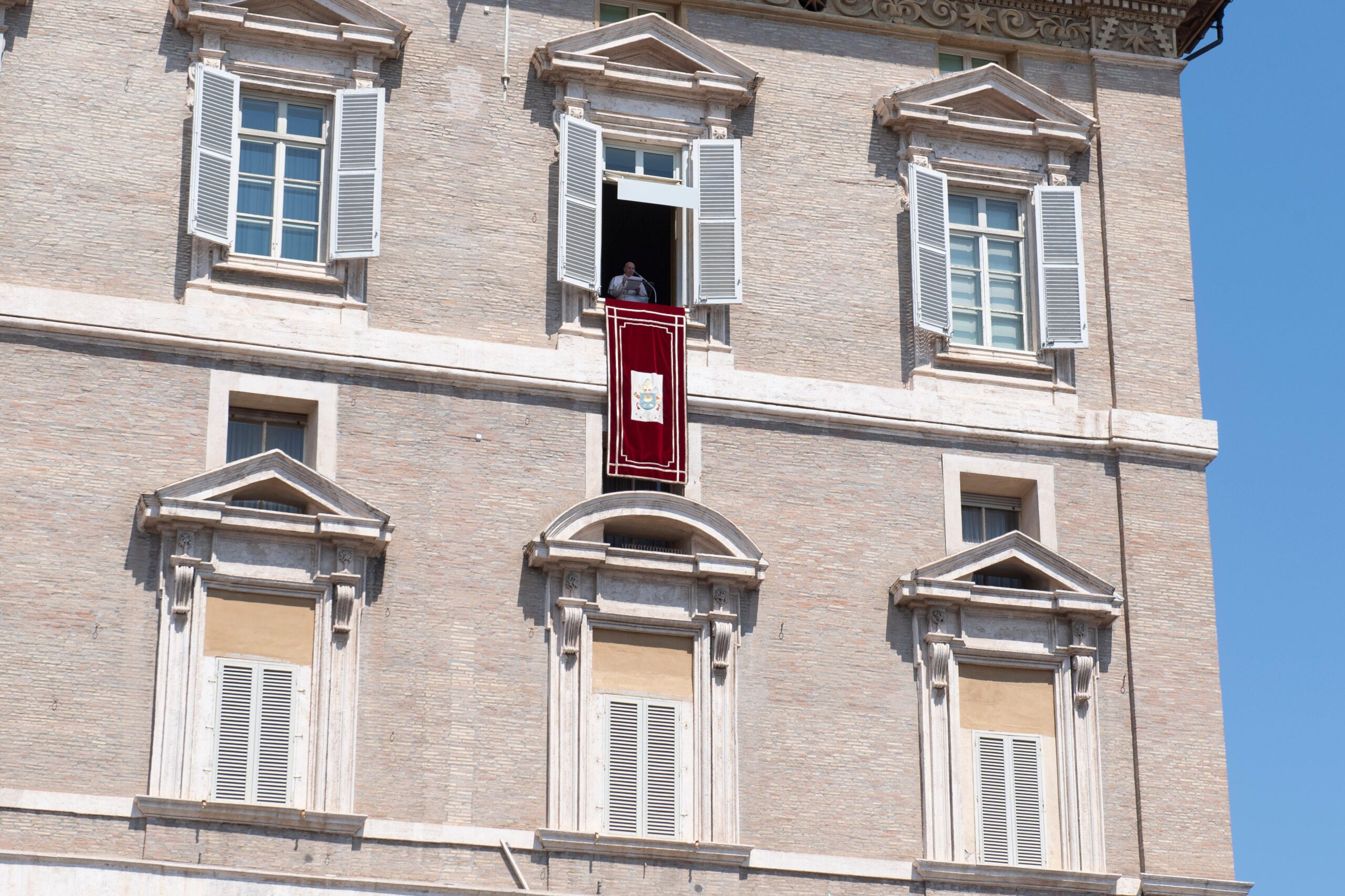 Pope Francis leads the Angelus from the window of his studio overlooking St. Peter's Square at the Vatican Aug. 9, 2020. The pope said calling out to God for help is key during periods of doubt and fear. (CNS photo/Vatican Media)
