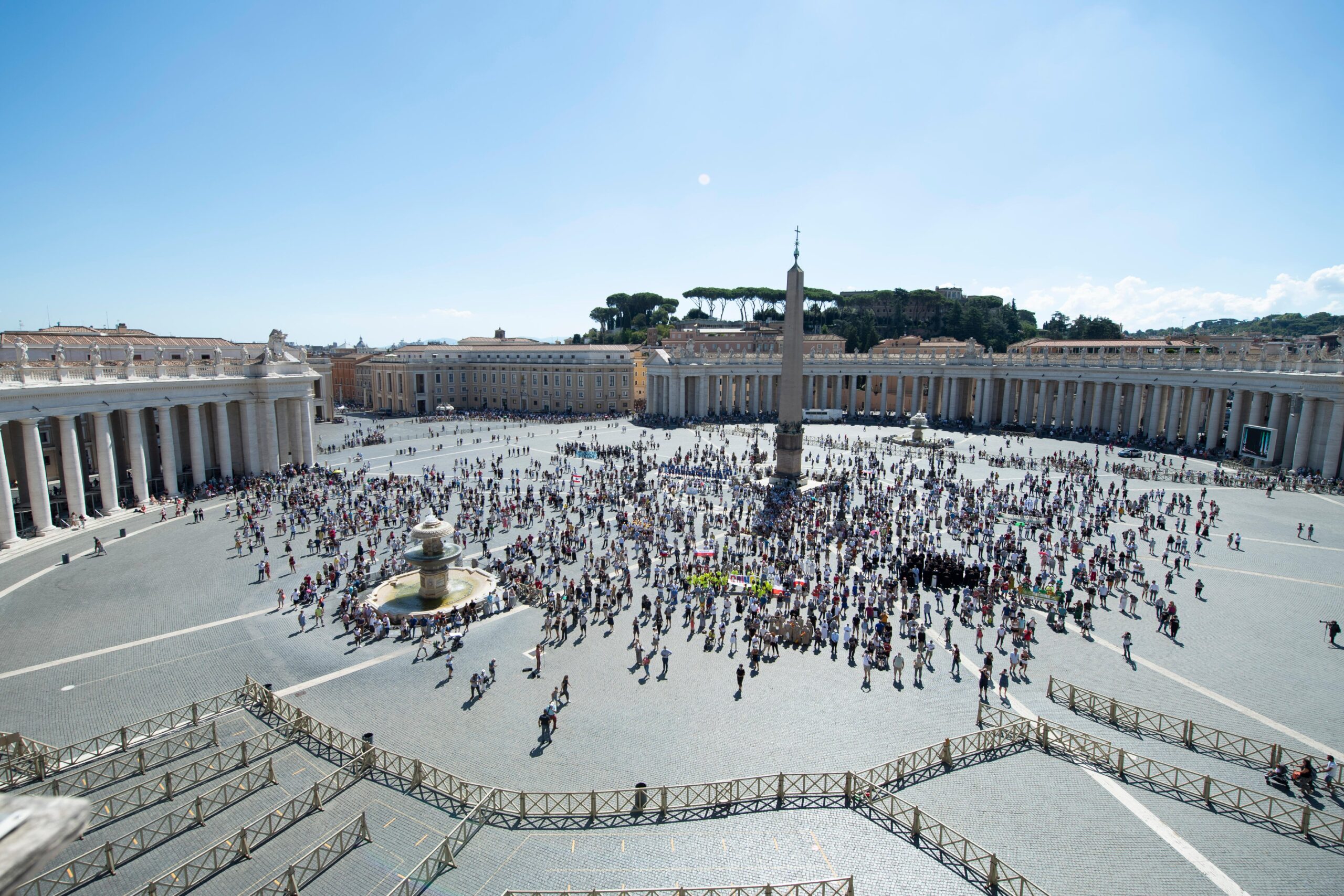 People in St. Peter's Square attend the Angelus led by Pope Francis from the window of his studio at the Vatican Sept. 6, 2020. During his address, the pope spoke about the dangers of gossip in the church. (CNS photo/Vatican Media)