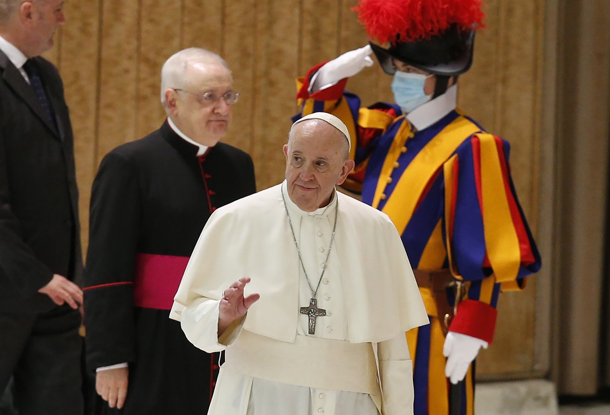 Pope Francis greets the crowd as he arrives to lead his general audience in the Paul VI hall at the Vatican Oct. 28, 2020. (CNS photo/Paul Haring)