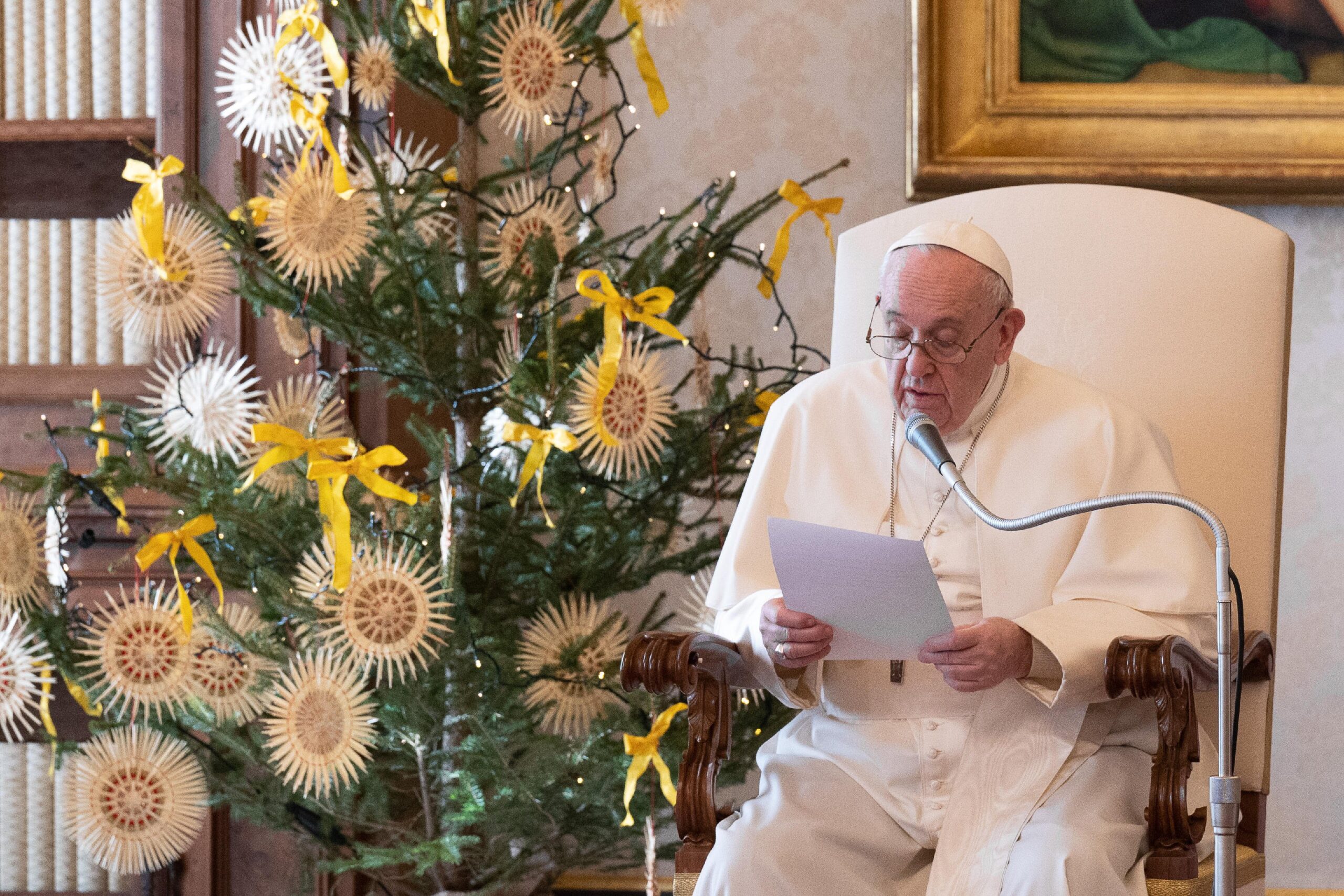 Pope Francis leads his weekly general audience from the library of the Apostolic Palace at the Vatican Dec. 30, 2020. In his main talk, the pope focused on the importance of thanking God and letting others see one's gratitude. (CNS photo/Vatican Media)