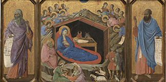 This is an image of the early 14th-century masterpiece "The Nativity with the Prophets Isaiah and Ezekiel," attributed to Duccio di Buoninsegna, part of the Andrew W. Mellon Collection. Each of Duccio's figures in his luminous Nativity scene radiates faith, hope and love in the presence of the newborn Jesus. (CNS photo/courtesy National Gallery of Art) See BONUS-SULLIVAN Nov. 22, 2017.