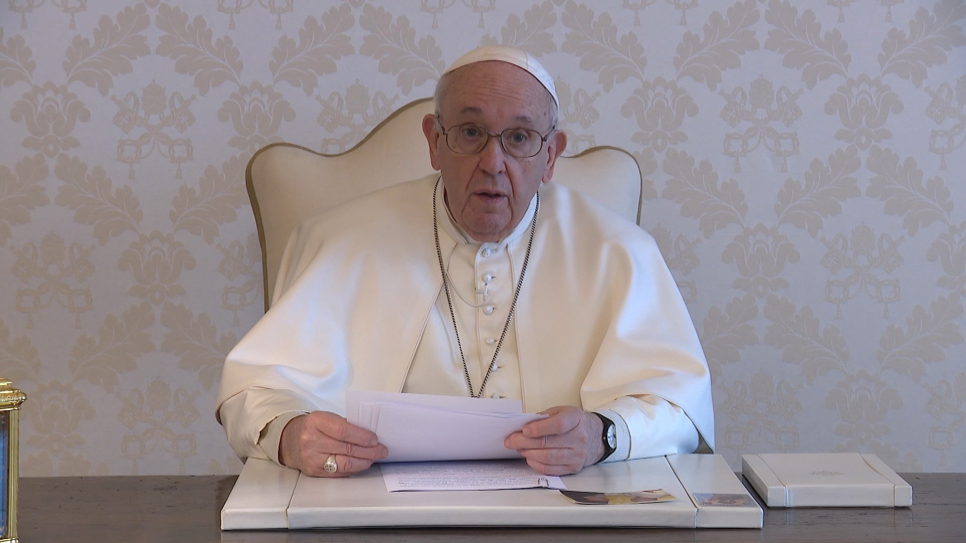 Pope Francis speaks in a video message Feb. 4, 2021, to an online conference on church music. The conference was sponsored by the Pontifical Council for Culture. (CNS photo/Holy See Press Office)