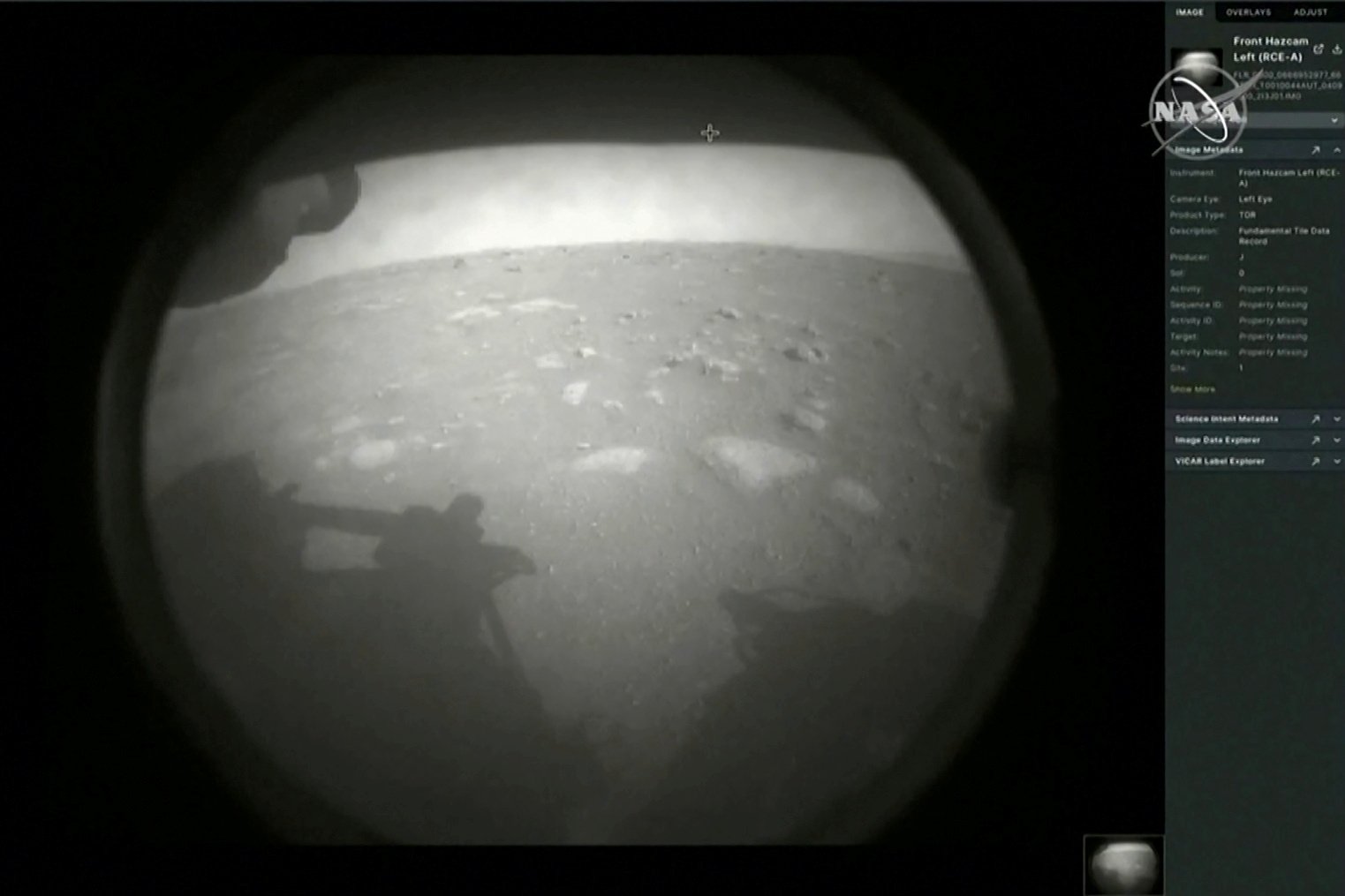 The first images arrive moments after NASA's "Perseverance" Mars rover spacecraft successfully touched down on Mars, in this image from video at NASA's Jet Propulsion Laboratory in Pasadena, Calif., Feb. 18, 2021. As "Perseverance" prepares to send high-definition images of its surroundings, one papal astronomer said he hoped these fresh new discoveries will inspire the next generation. (CNS photo/NASA TV via Reuters)
