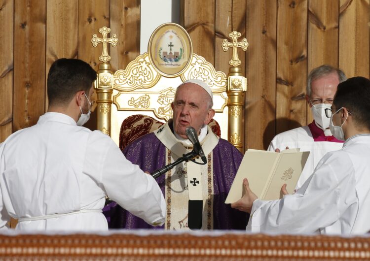 Pope Francis celebrates Mass at Franso Hariri Stadium in Irbil, Iraq, March 7, 2021. (CNS photo/Paul Haring)