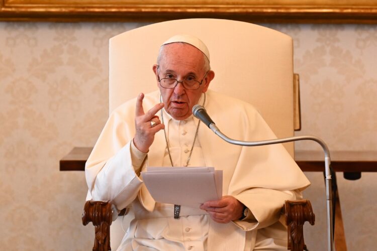 Pope Francis speaks during his general audience in the library of the Apostolic Palace at the Vatican March 31, 2021. The pope reflected on the Easter triduum and the hope Christ's passion, death and resurrection brings in uncertain times. (CNS photo/Vatican Media)