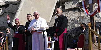Pope Francis participates in a memorial prayer for the victims of the war at Hosh al-Bieaa (church square) in Mosul, Iraq, March 7, 2021. (CNS photo/Paul Haring)