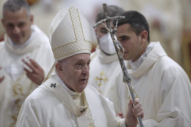 Pope Francis holds his crosier as he celebrates the ordination Mass for nine new priests for the Diocese of Rome in St. Peter's Basilica at the Vatican April 25, 2021. (CNS photo/Donatella Giagnori, pool)