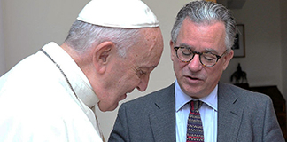 Pope Francis meets with author Austen Ivereigh in November 2019. The pope collaborated with Ivereigh on the book, "Let Us Dream: The Path to A Better Future." In the book, the pope said he experienced three "COVID moments" in his lifetime: lung problems that threatened his life when he was 21; his "displacement" in Germany in 1986 for studies; and when he was sent away to Cordoba, Argentina, for almost two years in the early 1990s. "Let Us Dream" will be published Dec. 1 by Simon & Schuster. (CNS photo/Vatican Media)