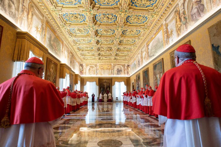 Pope Francis leads an "ordinary public consistory" for the approval of the canonization of seven new saints, at the Vatican May 3, 2021. (CNS photo/Vatican Media)