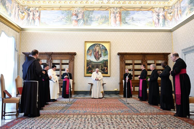 Pope Francis prays as he leads his general audience in the library of the Apostolic Palace at the Vatican May 5, 2021. (CNS photo/Vatican Media)