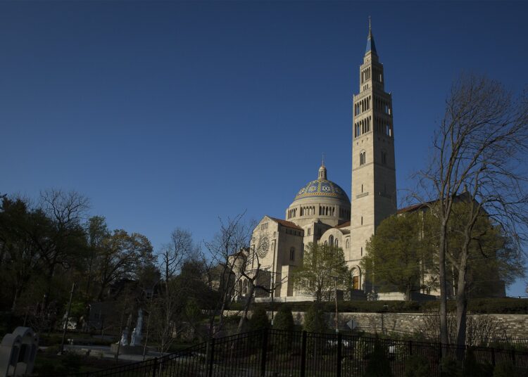 The Basilica of the National Shrine of the Immaculate Conception in Washington is seen in Washington April 9, 2020, during the coronavirus pandemic. (CNS photo/Tyler Orsburn)