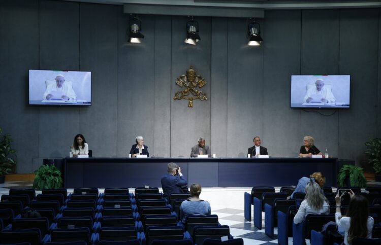 Pope Francis delivers a recorded video message during a news conference to unveil a new platform for action based on his 2015 encyclical, Laudato Si', at the Vatican May 25, 2021. The Vatican Dicastery for Promoting Integral Human Development helped close the special year dedicated to Laudato Si' by unveiling initiatives to promote the message and concrete action called for by the encyclical. (CNS photo/Paul Haring)
