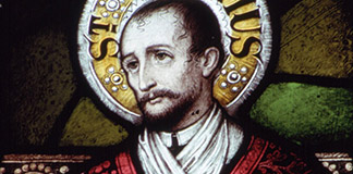 St. Ignatius of Loyola is depicted in the window of a Catholic church in Guelph, Ontario. Ignatius inspired followers with his still popular ''Spiritual Exercises.'' He and his close companions were the founding members of the Society of Jesus, or the Jesuits. His feast is July 31. (CNS photo from Crosiers) (June 20, 2001)
