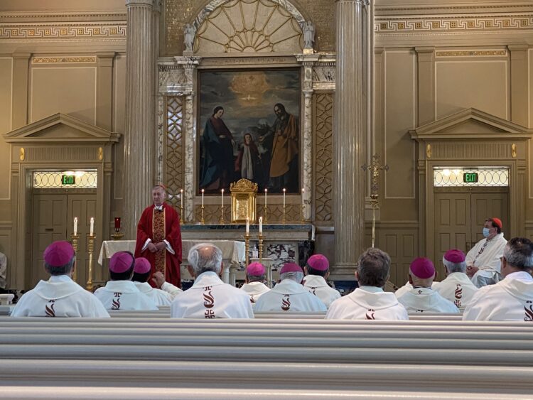 Cardinal Blase J. Cupich of Chicago gives the homily at a Mass before a meeting of bishops from the U.S., Mexico and Central America June 1, 2021, at Mundelein Seminary outside of Chicago. Along with Vatican representatives and Catholic organizations, the prelates were holding an emergency session June 1 and 2 on the U.S. church's response to immigration as well as seeking greater collaboration with bishops from countries where some migrants are coming from. (CNS photo/Rhina Guidos)