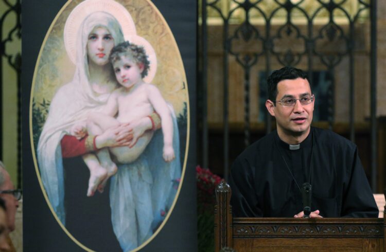 Father Jorge Torres, then vocation director of the Diocese of Orlando, Fla., is seen Oct. 29, 2015, at Immaculate Conception Seminary in Huntington, N.Y. Currently pastor of Our Lady of Lourdes Parish in Melbourne, Fla., Father Torres was appointed June 7, 2021, as a specialist for the U.S. Conference of Catholic Bishops' Secretariat for Evangelization and Catechesis in Washington. In his new role, effective July 12, he will to help implement a planned multiyear National Eucharistic Revival. (CNS photo/Gregory A. Shemitz)