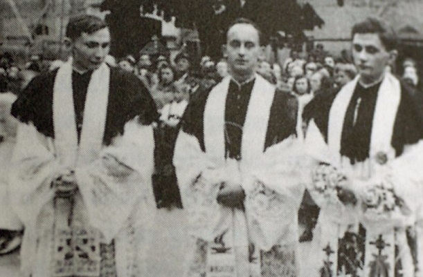 The brothers Georg, left, and Joseph Ratzinger, right, are pictured with their mutual friend Rupert Berger after their priestly ordination June 29, 1951 in Freising, Germany. Pope Francis led pilgrims in St. Peter's Square in congratulating retired Pope Benedict XVI, the former Joseph Ratzinger, on the 70th anniversary of his priestly ordination June 29. (CNS photo/KNA)