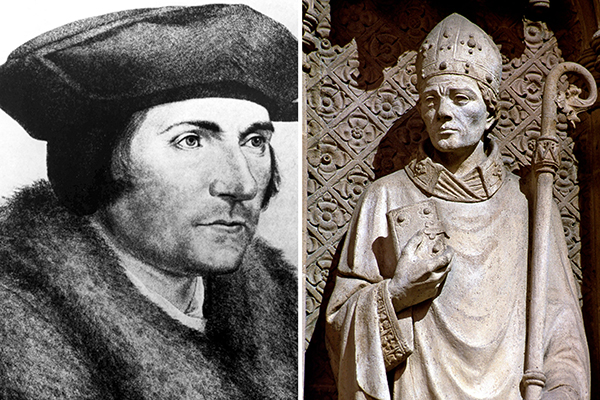 The likeness of Sts. Thomas More and John Fisher are seen in a composite photo. The U.S. Conference of Catholic Bishops' 2021 observance of Religious Freedom Week begins June 22, the feast day of the two saints, and ends June 29, the feast of Sts. Peter and Paul. (CNS composite; photos by Catholic News Service file, and The Crosiers)