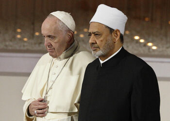 Pope Francis and Sheik Ahmad el-Tayeb, grand imam of Egypt's al-Azhar mosque and university, leave an interreligious meeting at the Founder's Memorial in Abu Dhabi, United Arab Emirates, Feb. 4, 2019. The pope and Sheik el-Tayeb stepped into a theological debate on the will of God toward religions when they signed a document on "human fraternity" and improving Christian-Muslim relations. (CNS photo/Paul Haring) See VATICAN-LETTER-DIALOGUE Feb. 7, 2019.