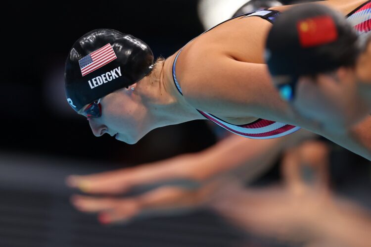 Katie Ledecky of the United States gets ready enter the pool for the women's 1500m freestyle final during the 2020 Tokyo Olympics July 28, 2021. The 2015 graduate of the Stone Ridge School of the Sacred Heart in Bethesda, Md., won the gold medal in the Olympic debut of the event. (CNS photo/Marko Djurica, Reuters)