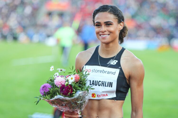 Sydney McLaughlin, a 2017 graduate of Union Catholic High School in Scotch Plains, N.J., poses with flowers  June 13, 2019, after winning the women's 400-meter hurdles during the IAAF Diamond League in Bislett Stadium in Oslo, Norway. McLaughlin is competing in track and field at the Summer Games in Tokyo. (CNS photo/Lise Aserud, Scanpix via Reuters) NORWAY OUT.