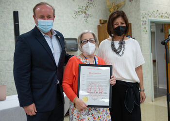 Cherry Hill Town Council President David Fleisher and Mayor Susan Shin Angulo, present a proclamation to Maureen Kogelman for her years of service at St. Mary's Center in Cherry Hill, NJ on Tuesday, September 21, 2021.