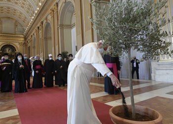 Pope Francis pours dirt into a potted olive tree during the meeting, “Faith and Science: Towards COP26,” with religious leaders in the Hall of Benedictions at the Vatican Oct. 4, 2021. The meeting was part of the run-up to the U.N. Climate Change Conference, called COP26, in Glasgow, Scotland, Oct. 31 to Nov. 12, 2021. (CNS photo/Vatican Media)