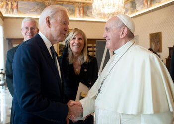 U.S. President Joe Biden greets Pope Francis during a meeting at the Vatican Oct. 29, 2021. (CNS photo/Vatican Media)