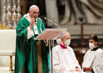 Pope Francis gives the homily as he celebrates a Mass to open the process that will lead up to the assembly of the world Synod of Bishops in 2023, in St. Peter's Basilica at the Vatican Oct. 10, 2021. (CNS photo/Remo Casilli, Reuters)