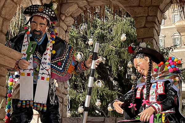 Statues of Joseph and Mary are pictured in the Nativity scene in St. Peter's Square during a preview for journalists at the Vatican Dec. 9, 2021. The Nativity is from Peru's Huancavelica region and will be unveiled to the public Dec. 10 during a Christmas tree lighting ceremony. (CNS photo/Junno Arocho Esteves)