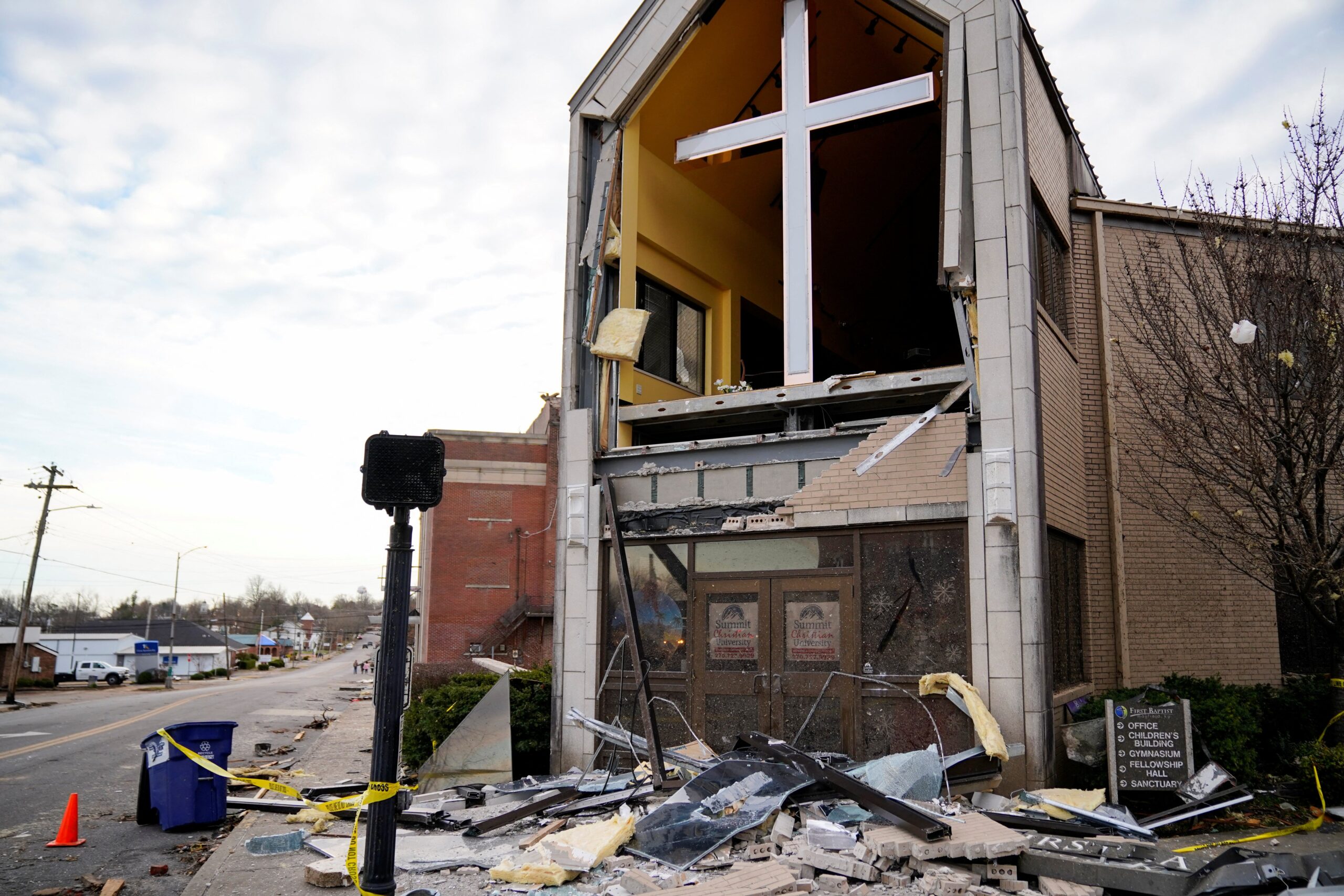Debris surrounds a badly damaged church in Mayfield, Ky., Dec. 11, 2021, after a devastating tornado ripped through the town. More than 30 tornadoes were reported across six states late Dec. 10, and early Dec. 11, killing dozens of people and leaving a trail of devastation. (CNS photo/Cheney Orr, Reuters)