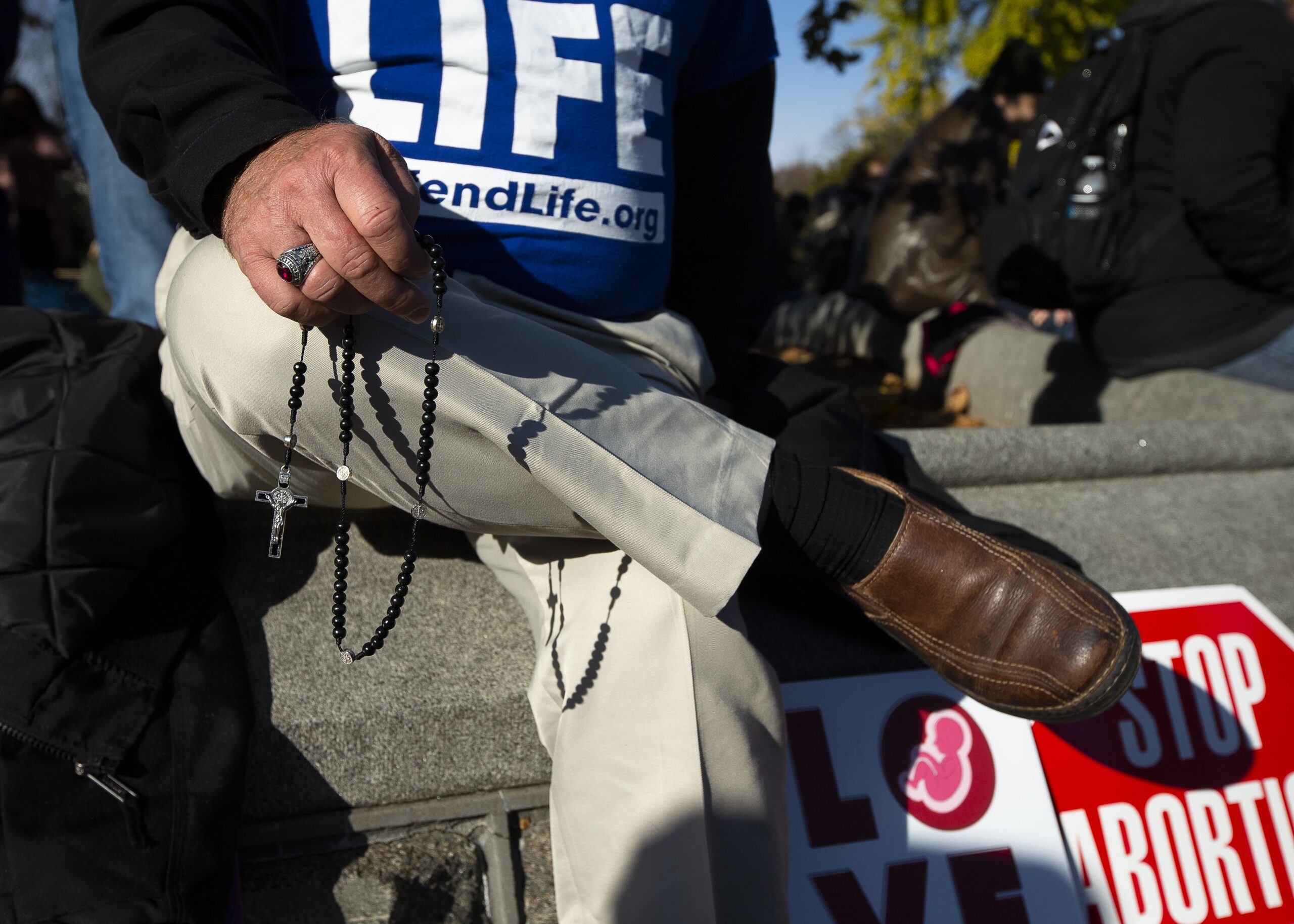 A pro-life advocate is seen near the U.S. Supreme Court Dec. 1, 2021, the day justices heard oral arguments in a case about a Mississippi law that bans abortions after 15 weeks of gestation. (CNS photo/Tyler Orsburn)