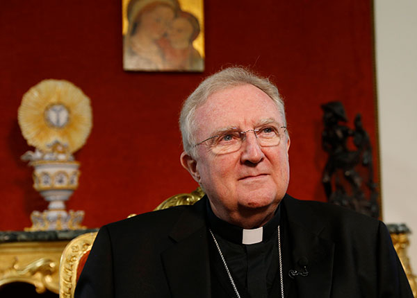 Archbishop Arthur Roche, prefect of the Congregation for Divine Worship and the Sacraments, is pictured during an interview with Catholic News Service at the congregation at the Vatican Jan. 21, 2022. Archbishop Roche explained the basis for Pope Francis' recent decisions limiting celebrations of the Mass using the pre-Second Vatican Council rite. (CNS photo/Paul Haring)