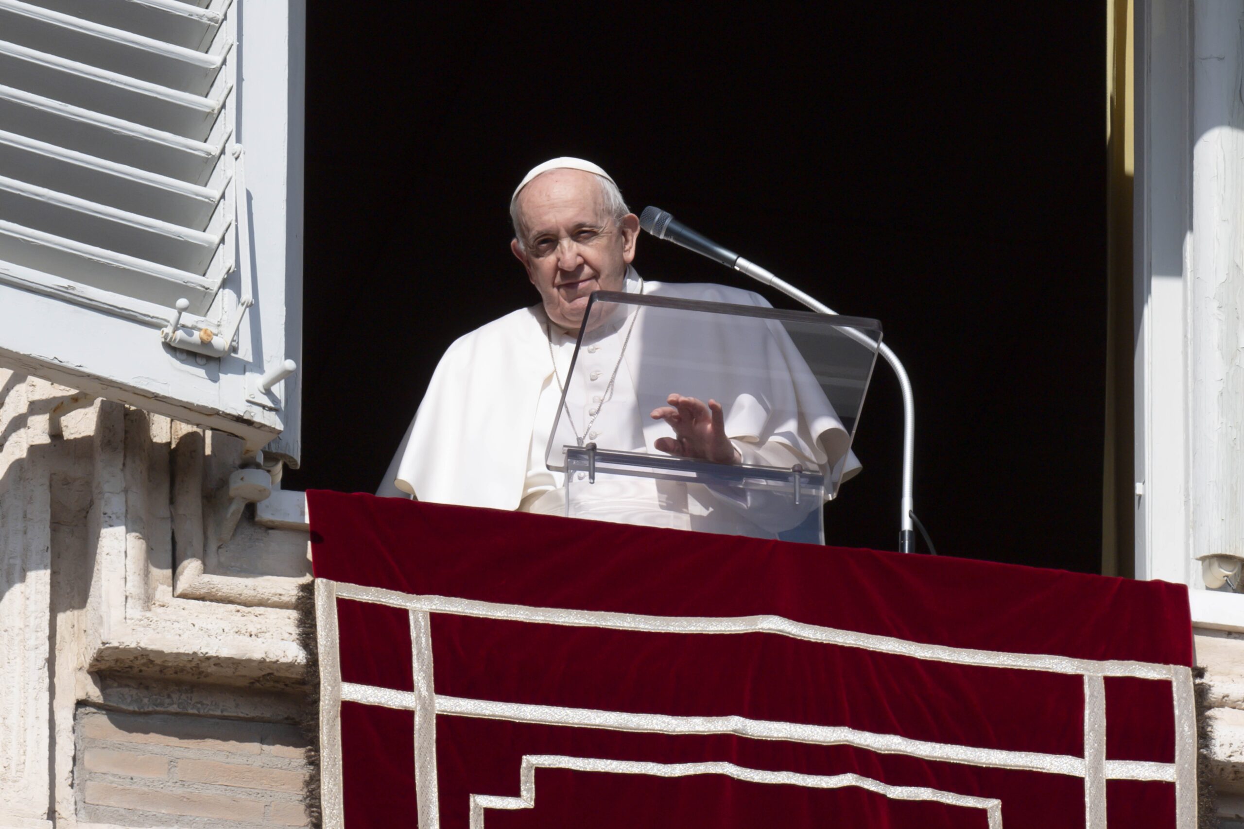 Pope Francis leads the Angelus from the window of his studio overlooking St. Peter's Square at the Vatican Feb. 7, 2022. In his remarks, the pope encouraged people not to despair, but to invite Jesus into their lives. (CNS photo/Vatican Media)