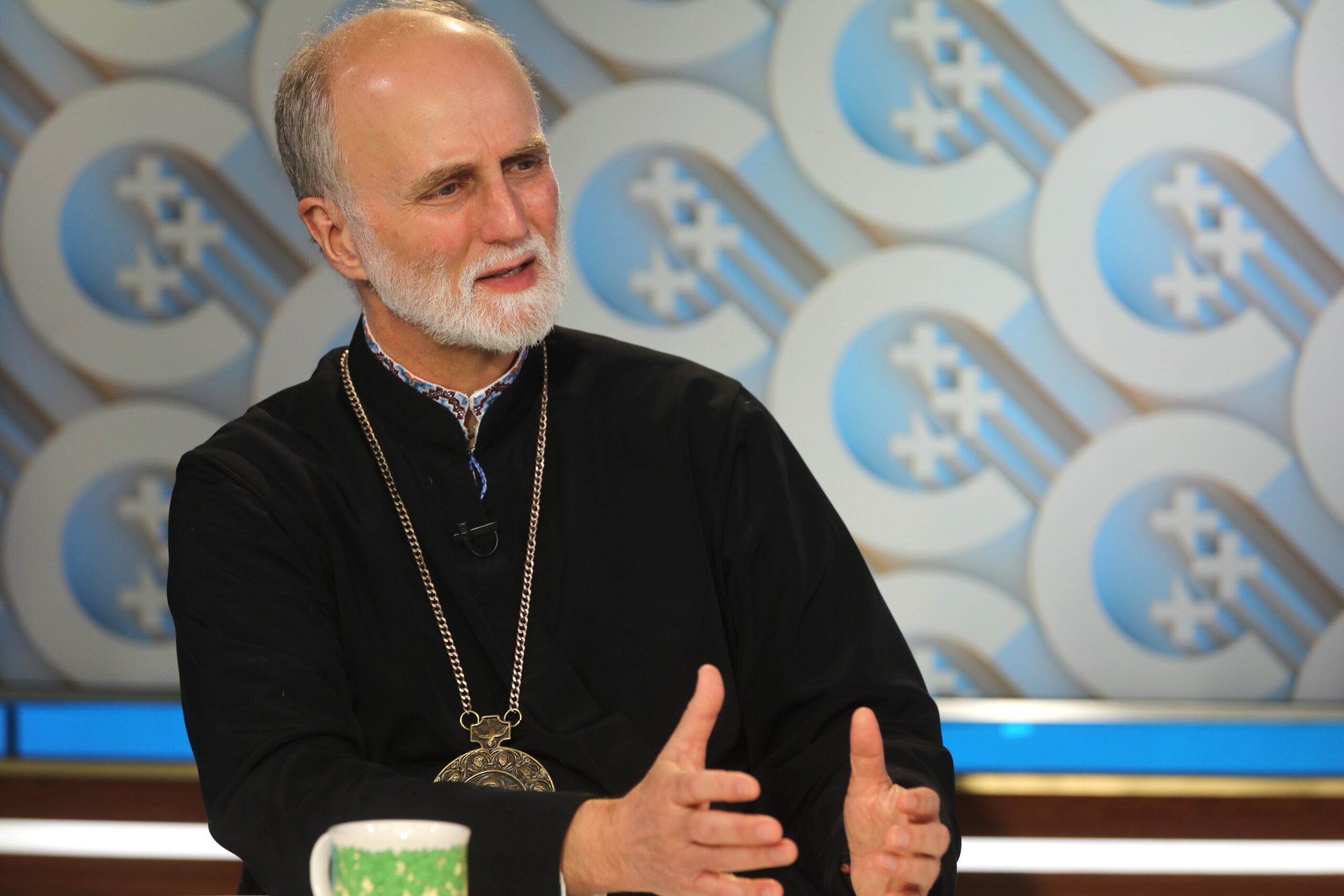Archbishop Borys Gudziak of the Ukrainian Catholic Archdiocese of Philadelphia gestures during an interview with Catholic News Service at the headquarters of the U.S. Conference of Catholic Bishops in Washington March 14, 2022. (CNS photo/Bob Roller)
