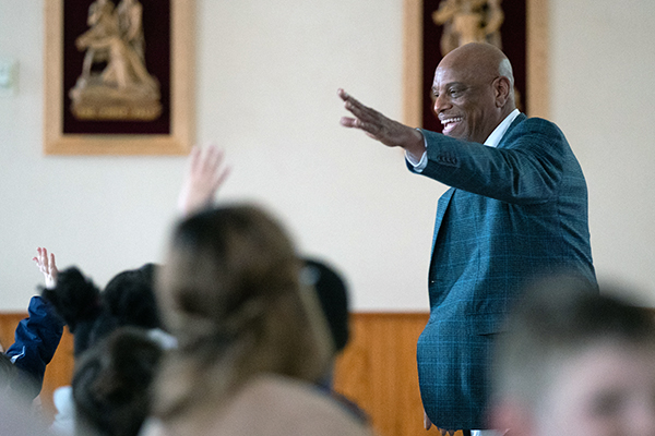 Milton Hinton Jr. answers student's questions at Holy Angels School in Woodbury, NJ on Wednesday, February 23, 2022. Hinton spoke to students about his family's experience with slavery and racism.
