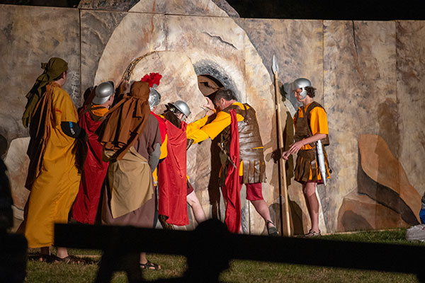 During Living Stations of the Cross, Jesus' tomb is sealed by Roman guards. Dozens of faithful took part in the re-enactment the evening of April 15 at Assumption Church, Christ the Redeemer Parish, Atco. (Dave Hernandez photos)