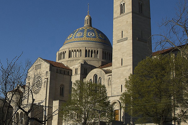 The Basilica of the National Shrine of the Immaculate Conception in Washington is seen in Washington April 9, 2020, during the coronavirus pandemic. (CNS photo/Tyler Orsburn)