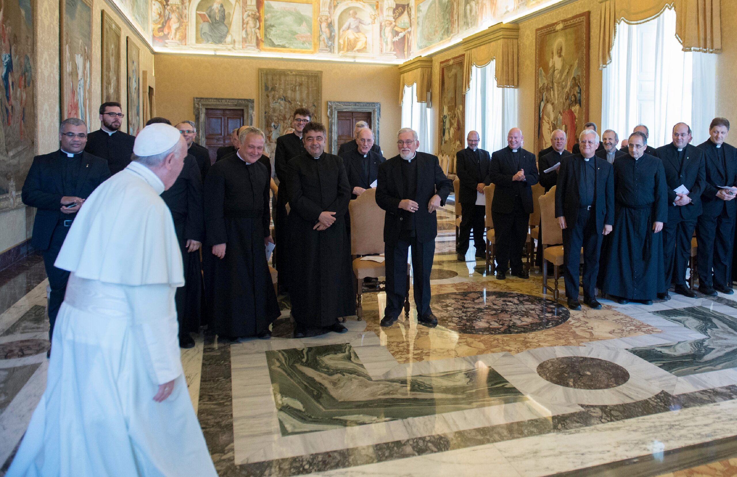 Pope Francis arrives for a meeting with priests of the Congregation of the Resurrection at the Vatican June 24. (CNS photo/L'Osservatore Romano) See POPE-RESURRECTIONISTS June 26, 2017.