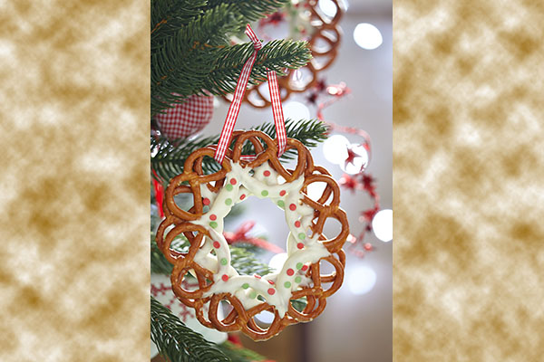 Christmas Decoration with chocolate covered pretzels wreath