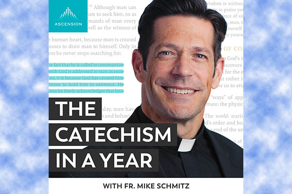 Father Mike Schmitz, a priest of the Diocese of Duluth, Minn., and a popular speaker and author, is seen in this 2022 promotion for Ascension's "The Catechism in a Year" podcast, launching Jan. 1, 2023. The priest will hos the podcast, reading the entire Catechism of the Catholic Church over the course of 365 daily podcast episodes. (CNS photo/courtesy Ascension)